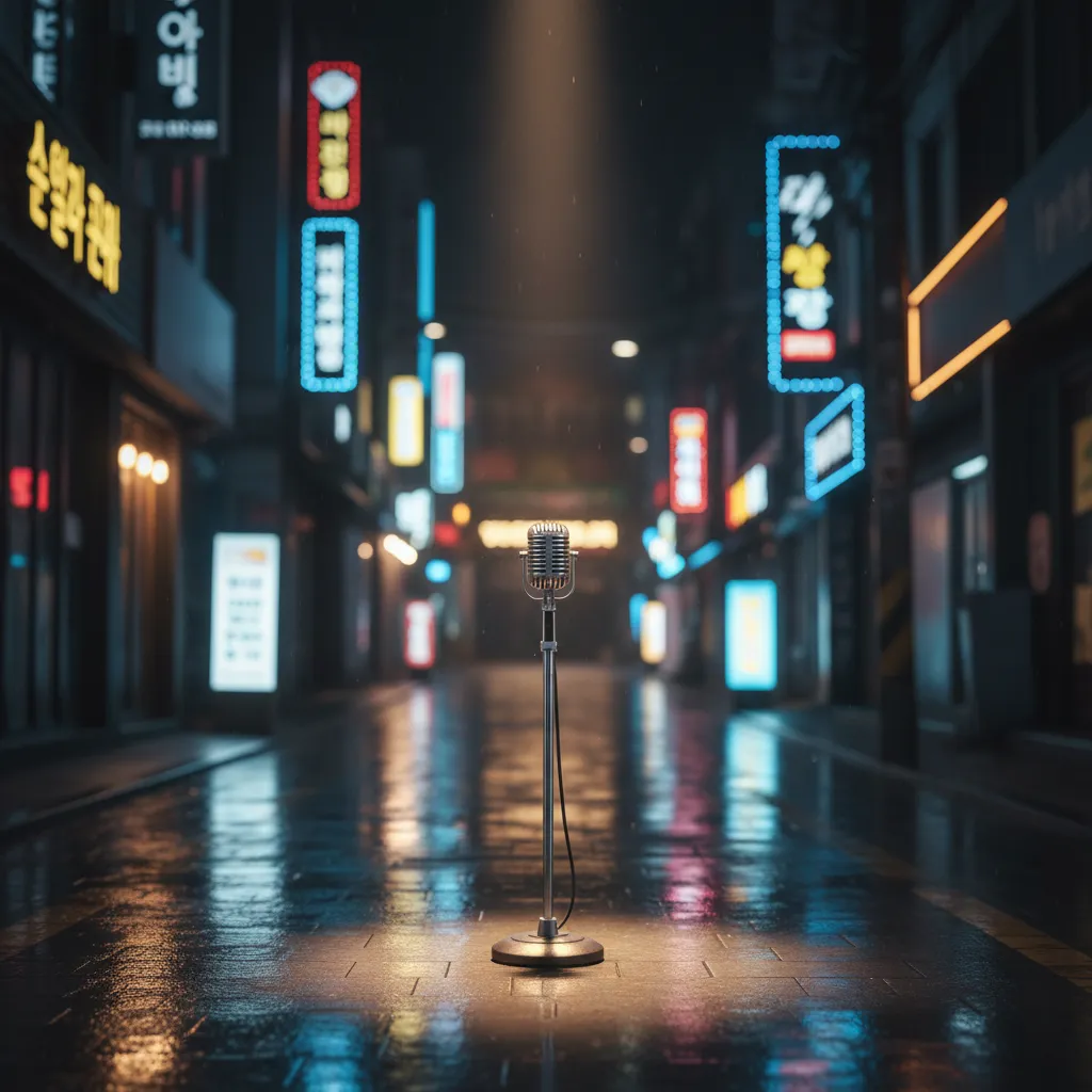 Rainy Seoul alley with neon reflections and a microphone stand under a spotlight
