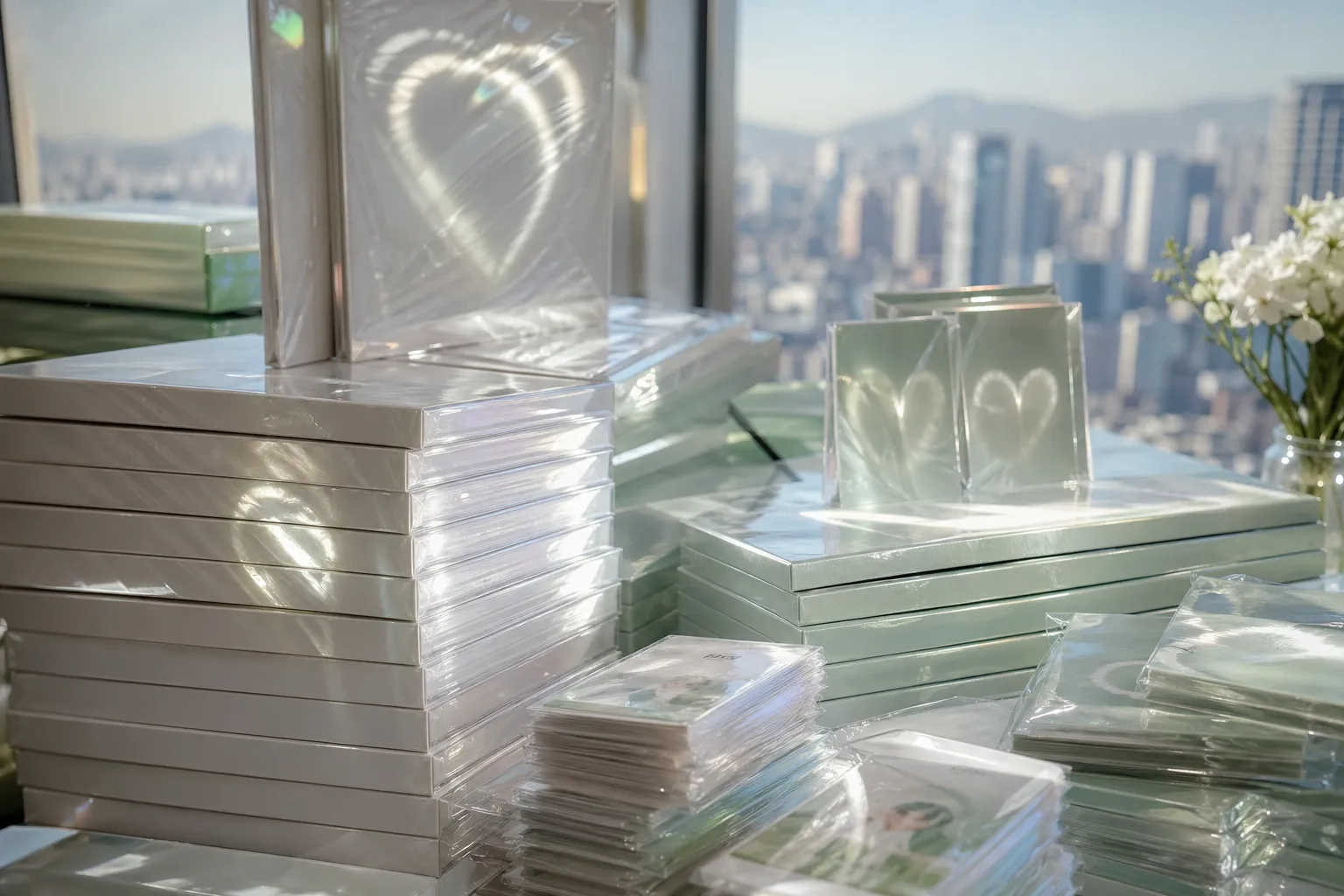 Stacks of premium K-pop albums symbolizing million-seller first-day sales for Ode to Love.