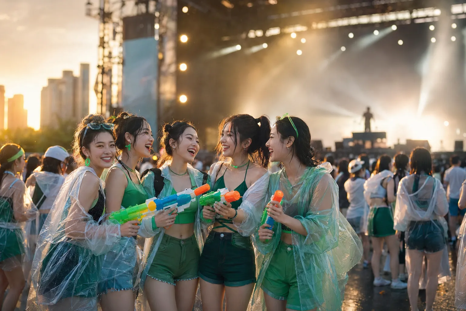 Seoul festival fans in green outfits and rain ponchos enjoying a water music event with misty stage lights behind them.
