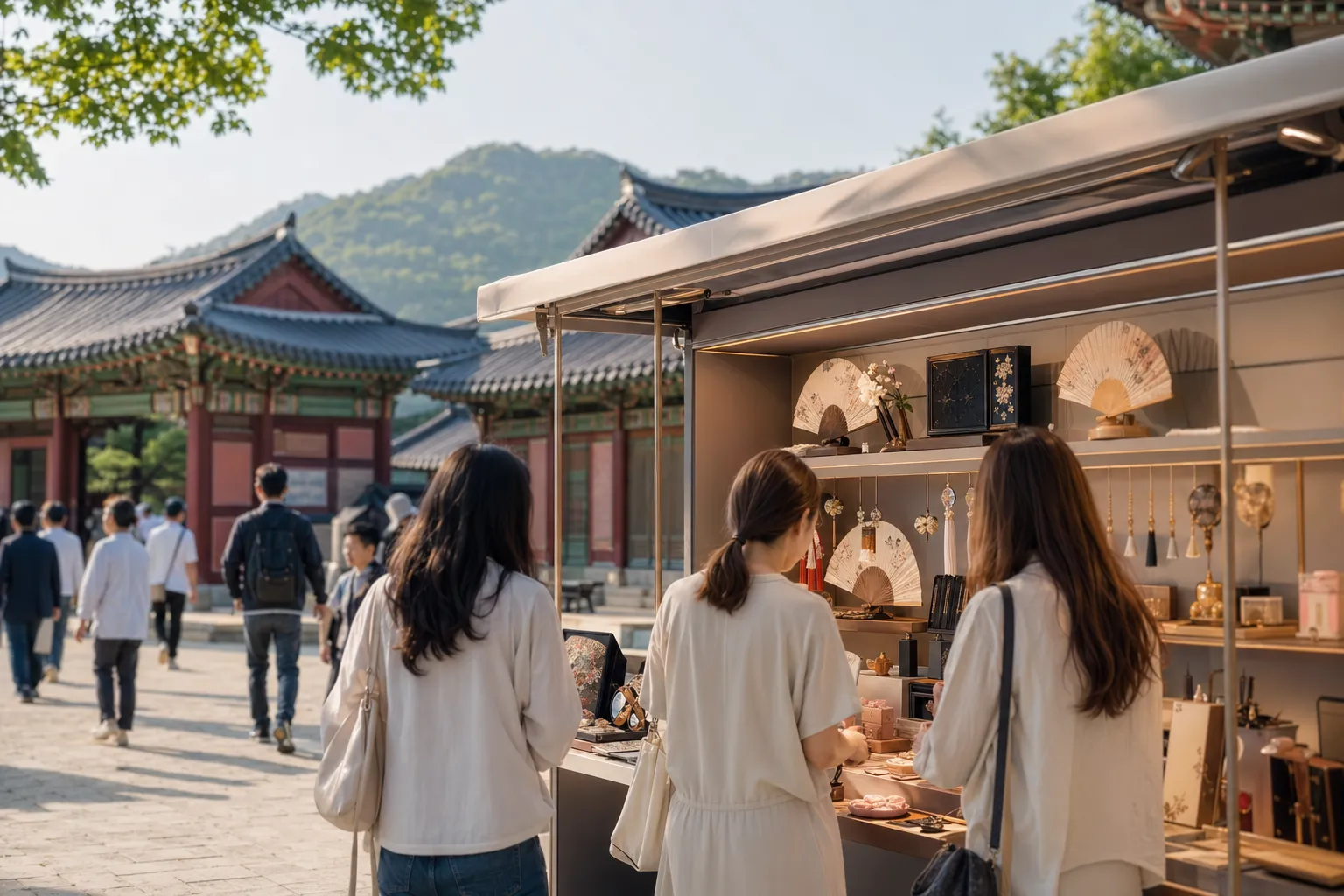Visitors browsing a K-culture heritage pop-up booth at Gyeongbokgung Palace