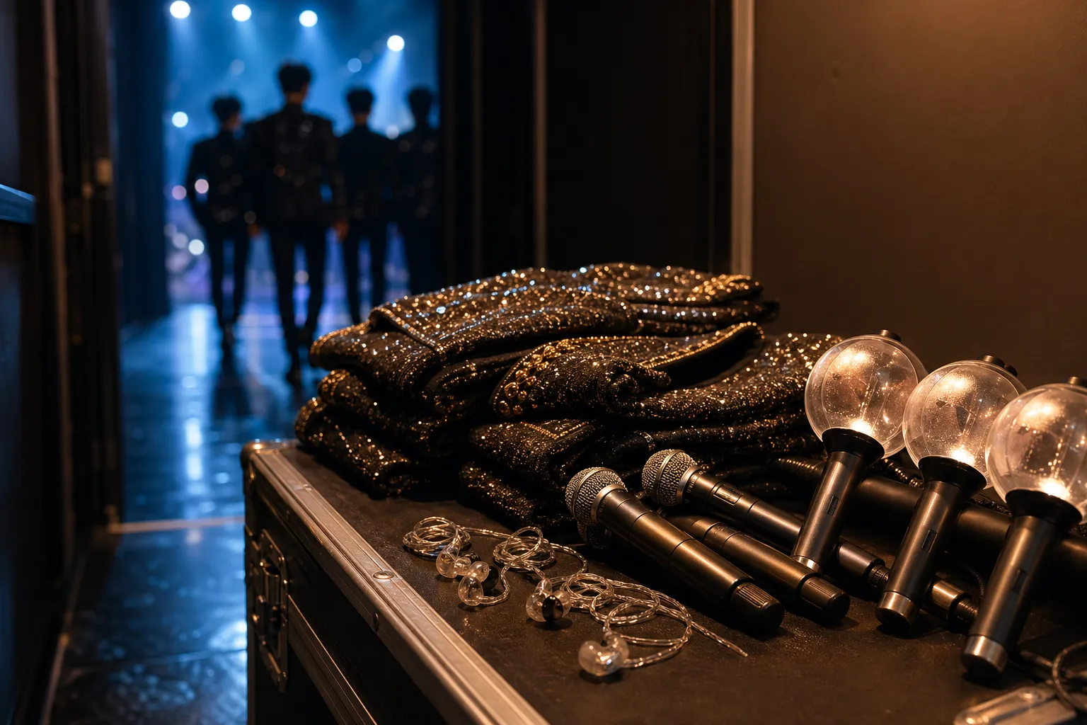 Concert gear and light sticks backstage at a K-pop performance with blurred performers in the background.