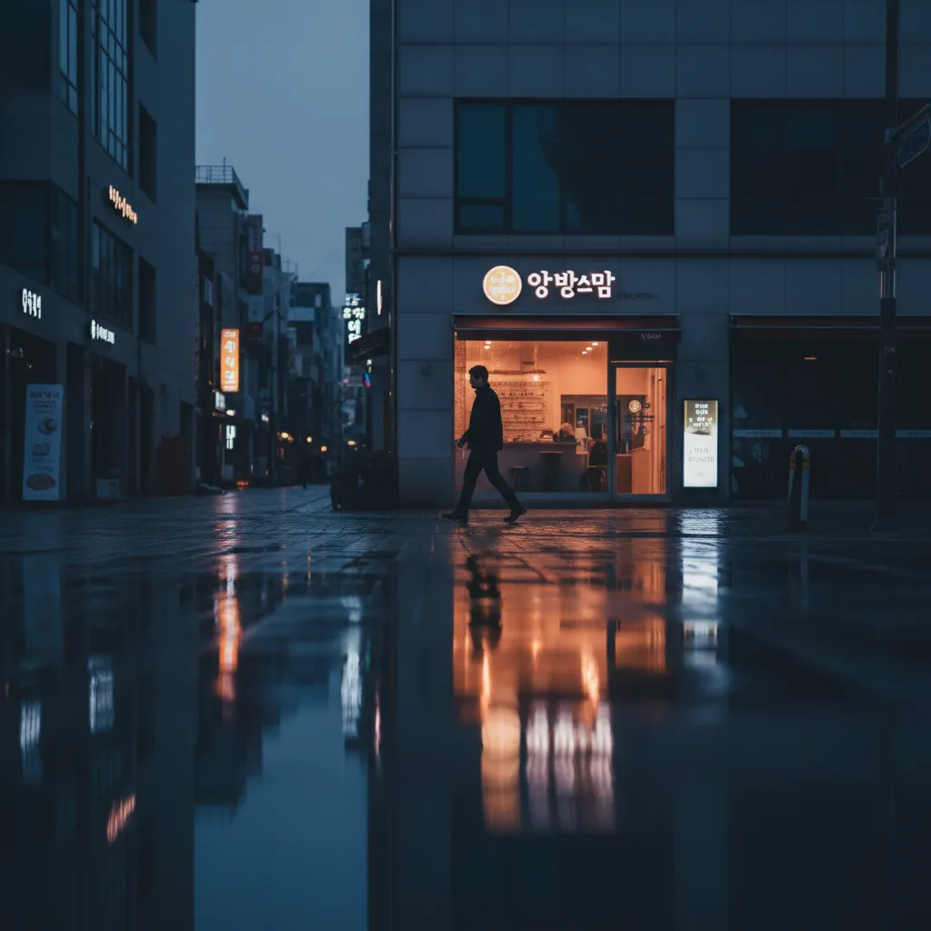 A quiet Seoul street scene with reflective wet pavement and neon glow, conveying the cultural backdrop of Twice's historic achievement