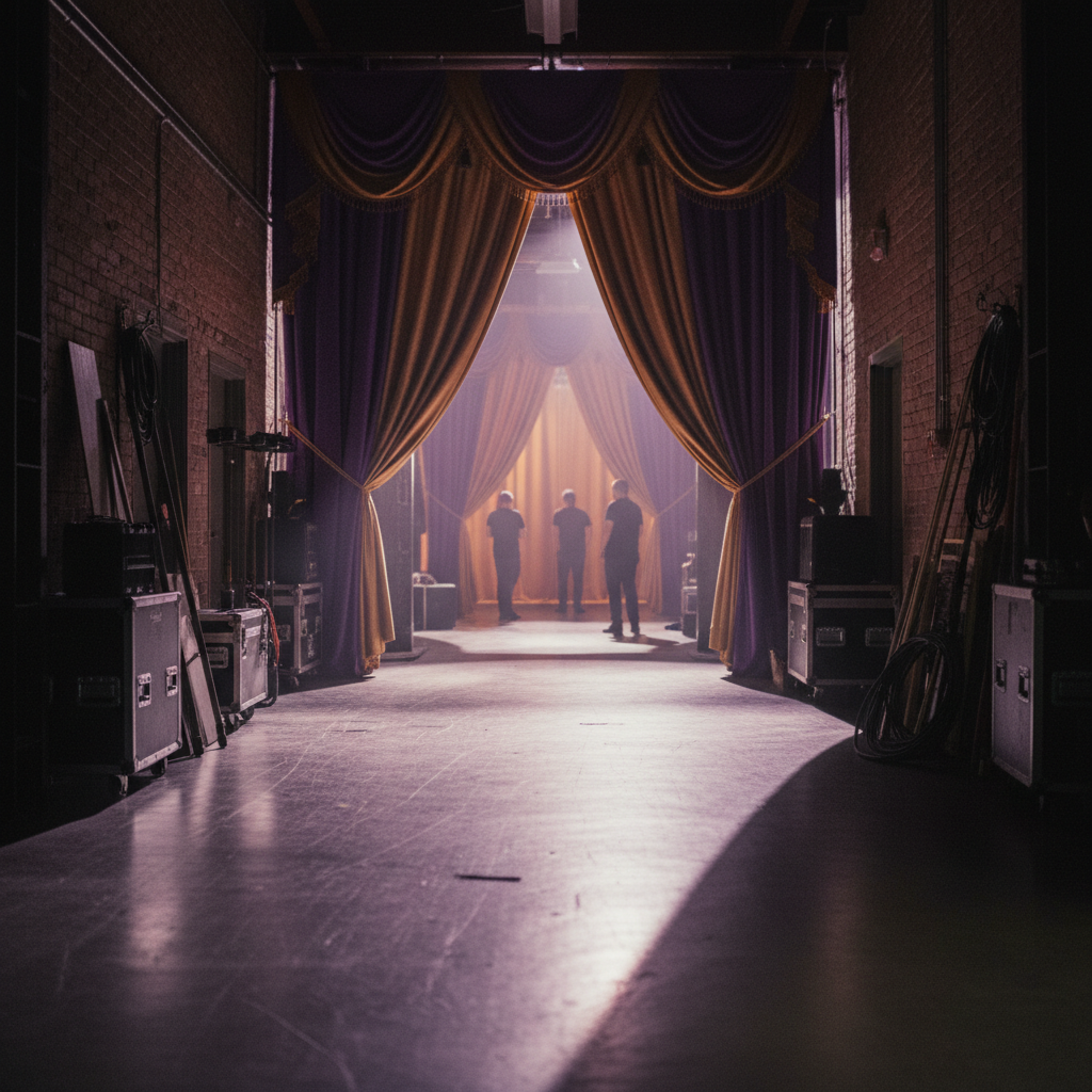 A moody backstage corridor with purple and gold stage lighting bleeding through curtains, capturing the quiet anticipation behind a global documentary