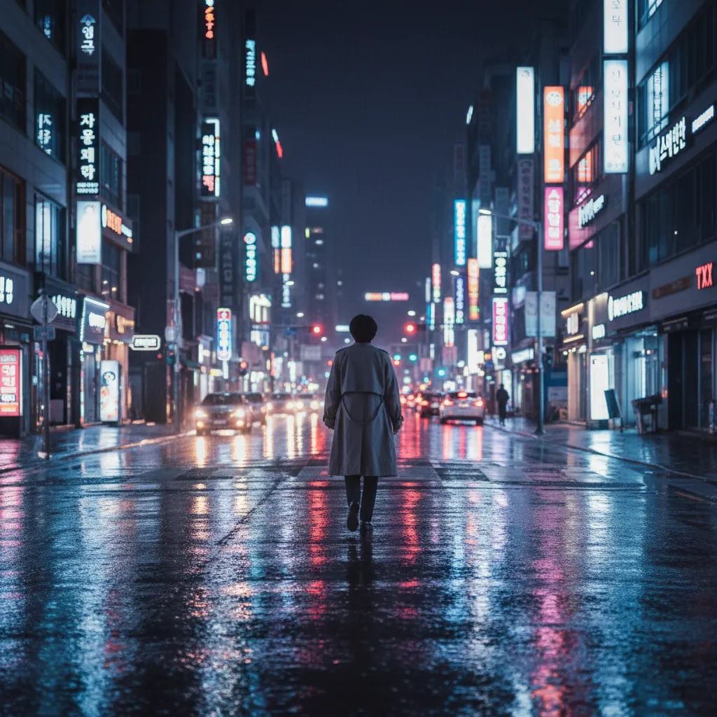 Empty rainy Seoul street with reflective neon lights and a walking silhouette, evoking the mood of TXT’s 7th year milestone.