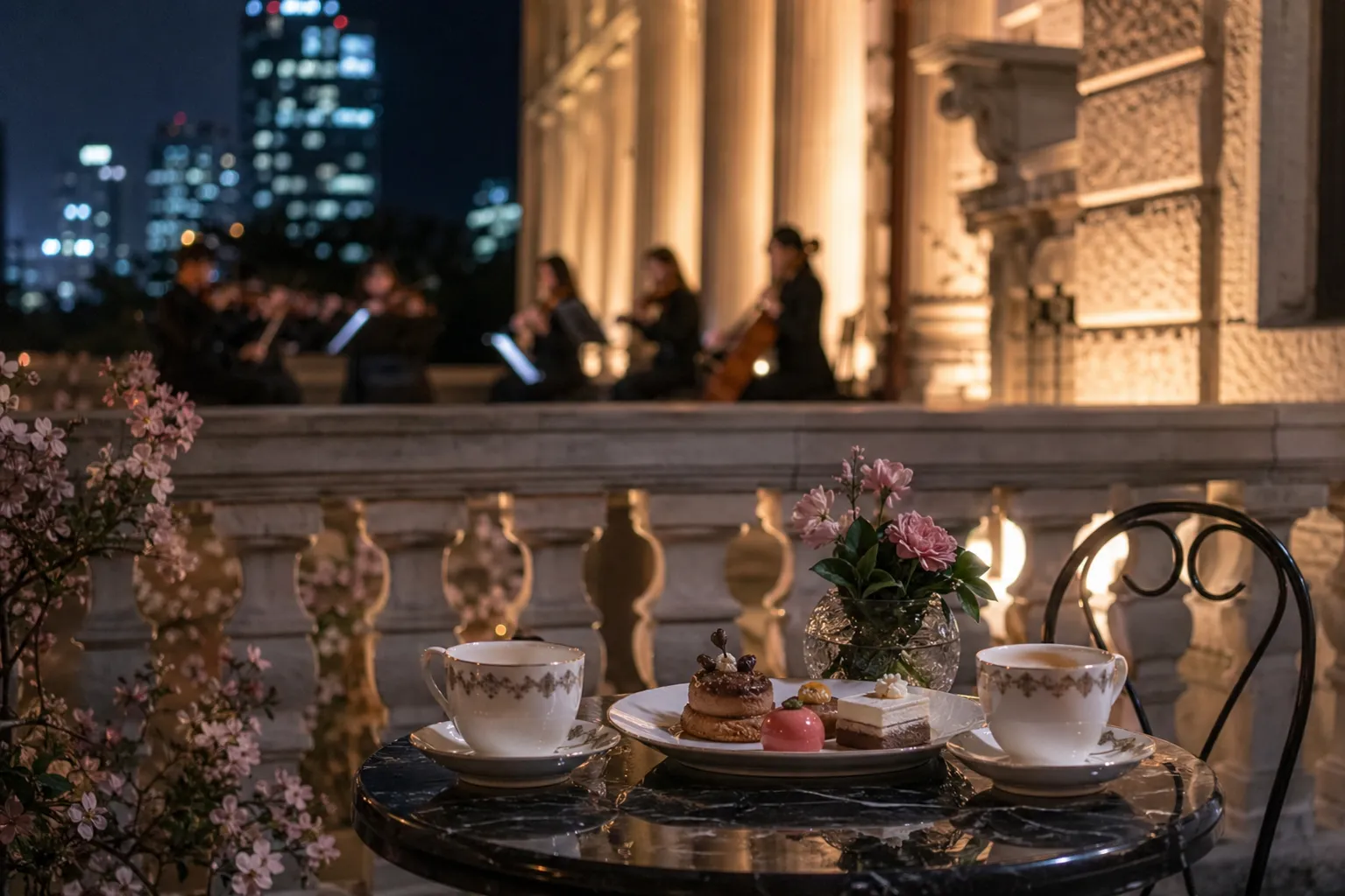 Terrace refreshments and classical music ambiance during the Seokjojeon Night Tour.