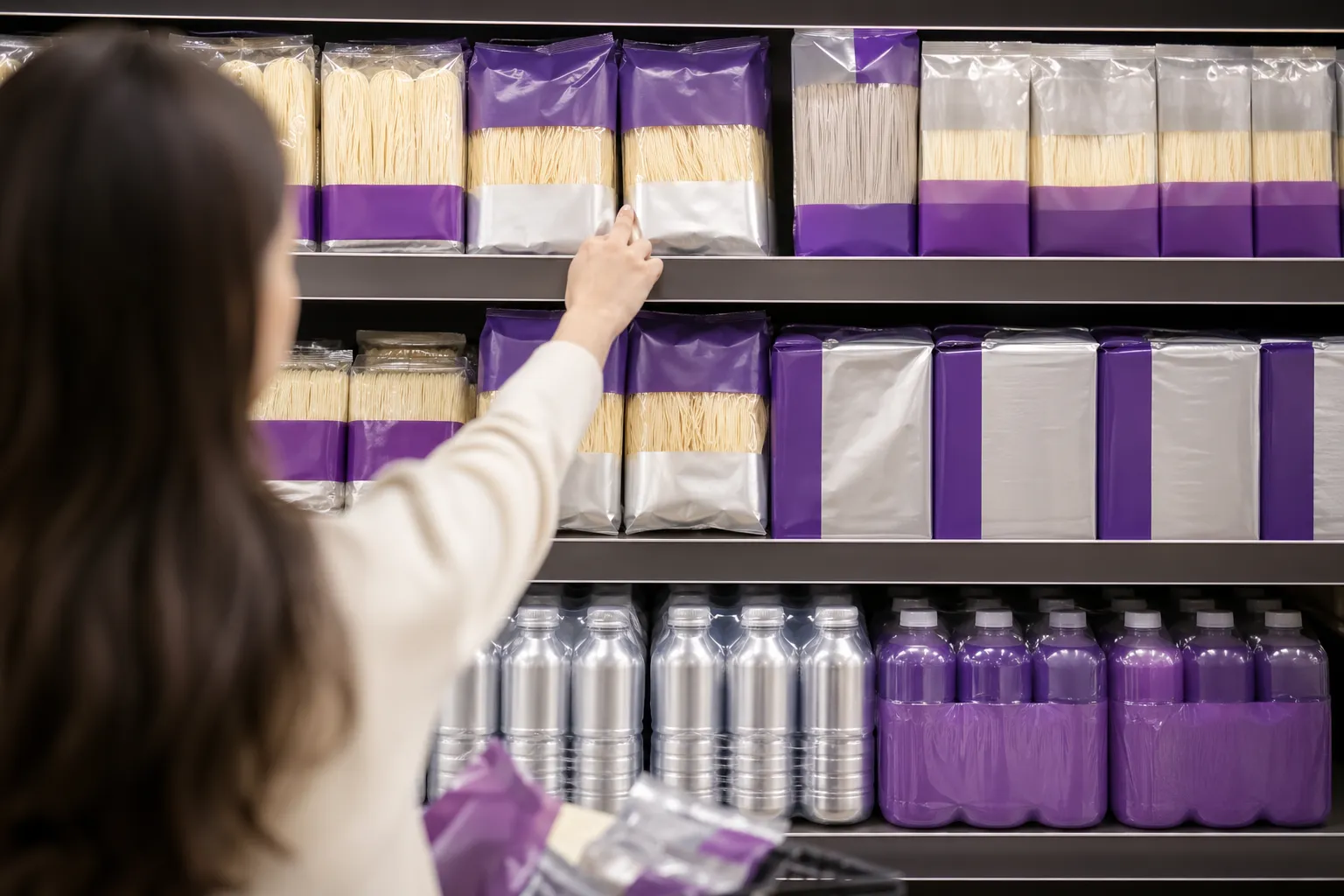 A shopper browses label-free Korean noodles and drinks in a modern supermarket aisle.
