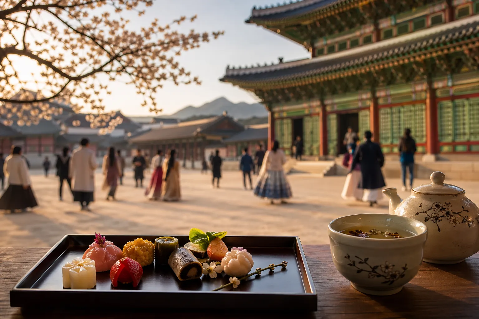 Spring cultural program at Gyeongbokgung Palace featuring royal food and tea.