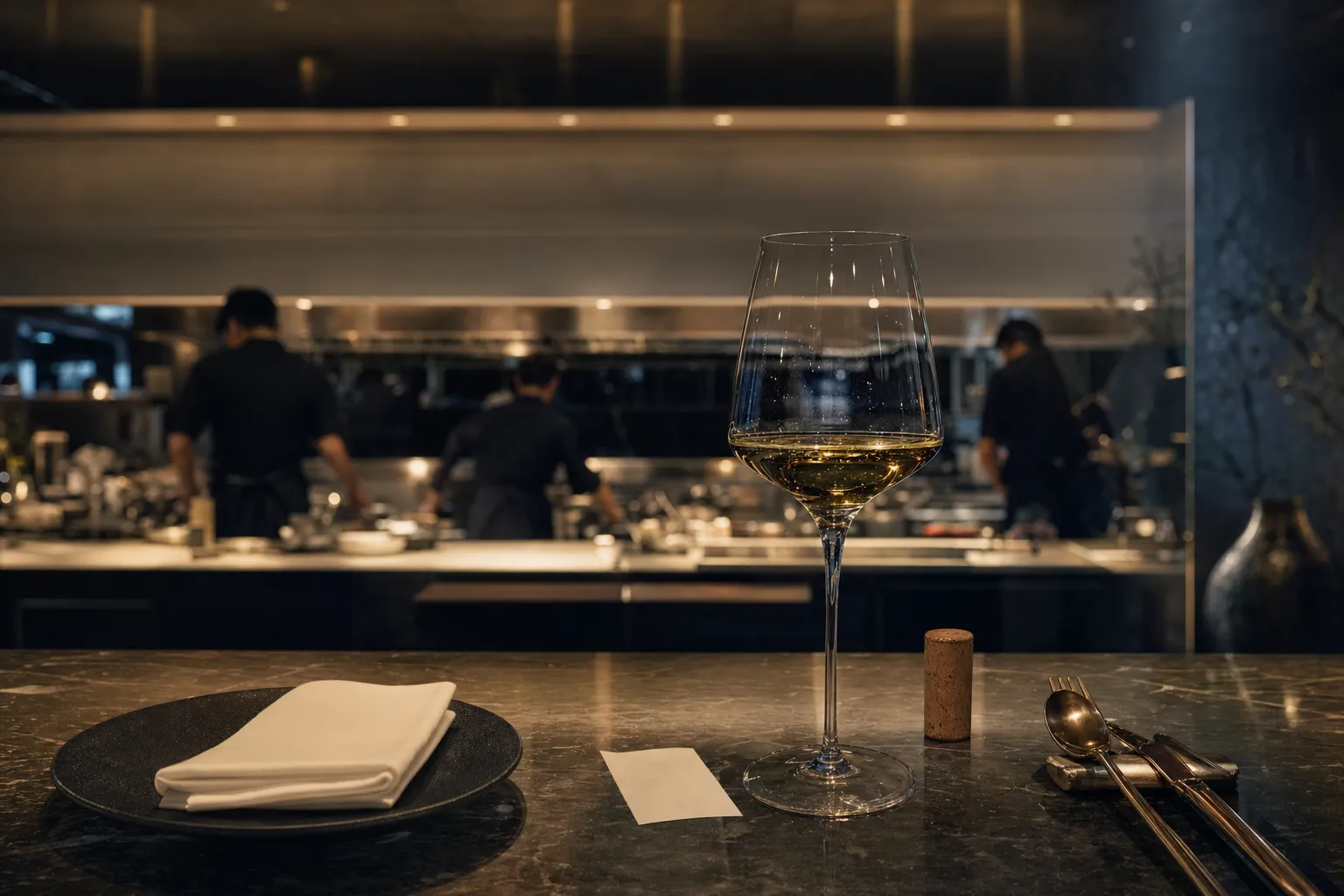 Minimal Seoul restaurant scene with wine glass, cork, and blank paper evoking an apology over a pairing dispute.