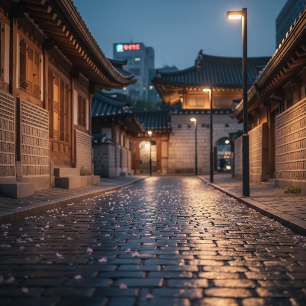 Seoul night street with apricot blossom petals, evoking the blend of tradition and modernity in the article