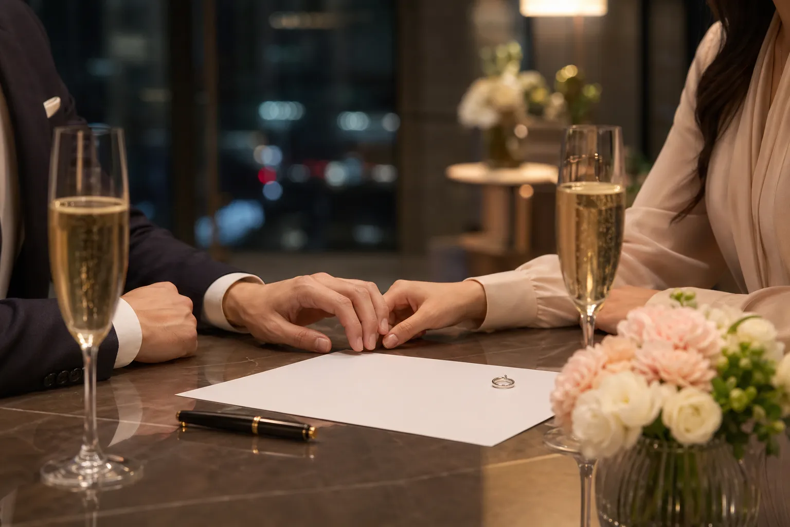 Refined contract marriage preparation scene with rings and blank papers in a modern Seoul penthouse.