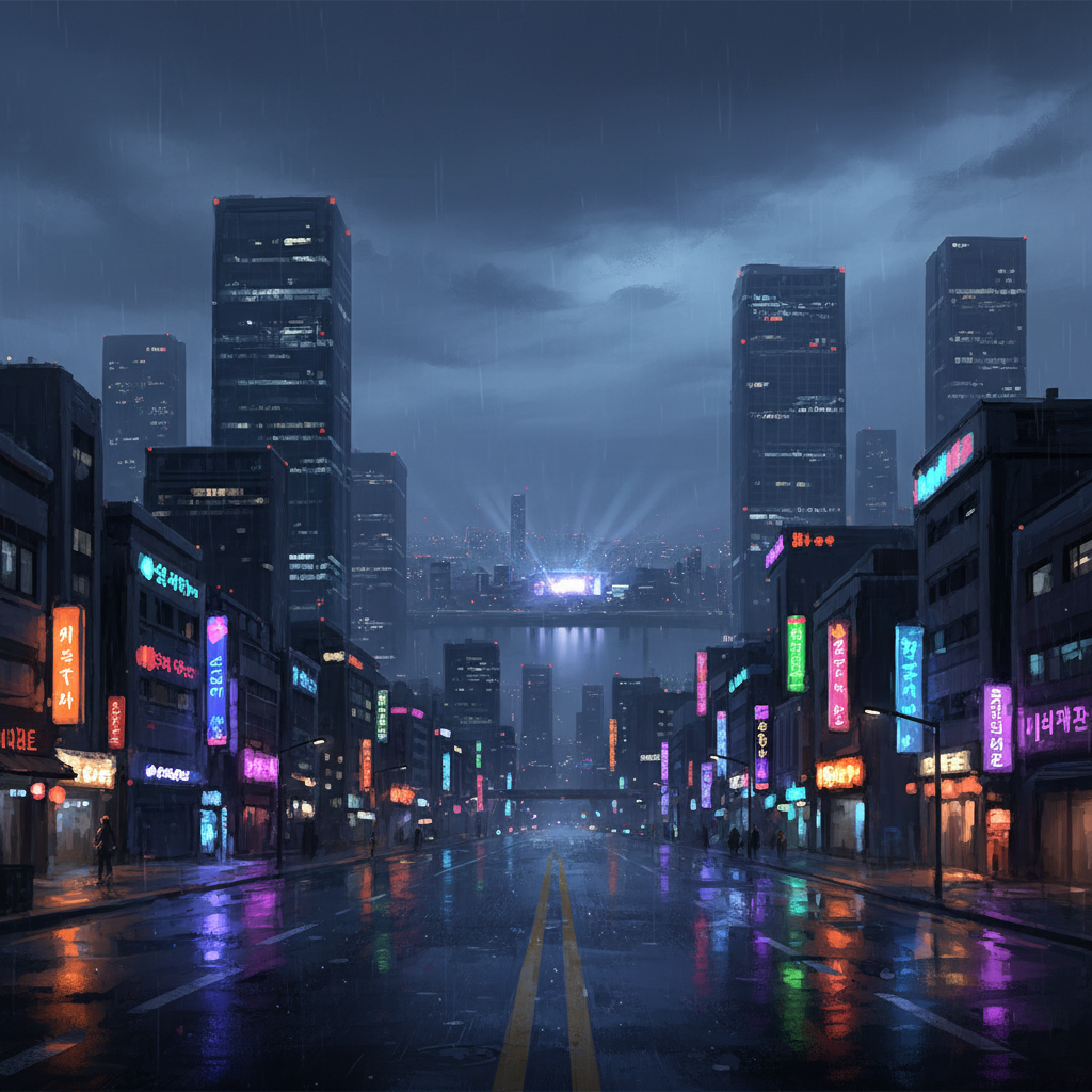 Nighttime Seoul skyline with neon lights and rain-reflected streets, conveying the mood of a K-pop comeback