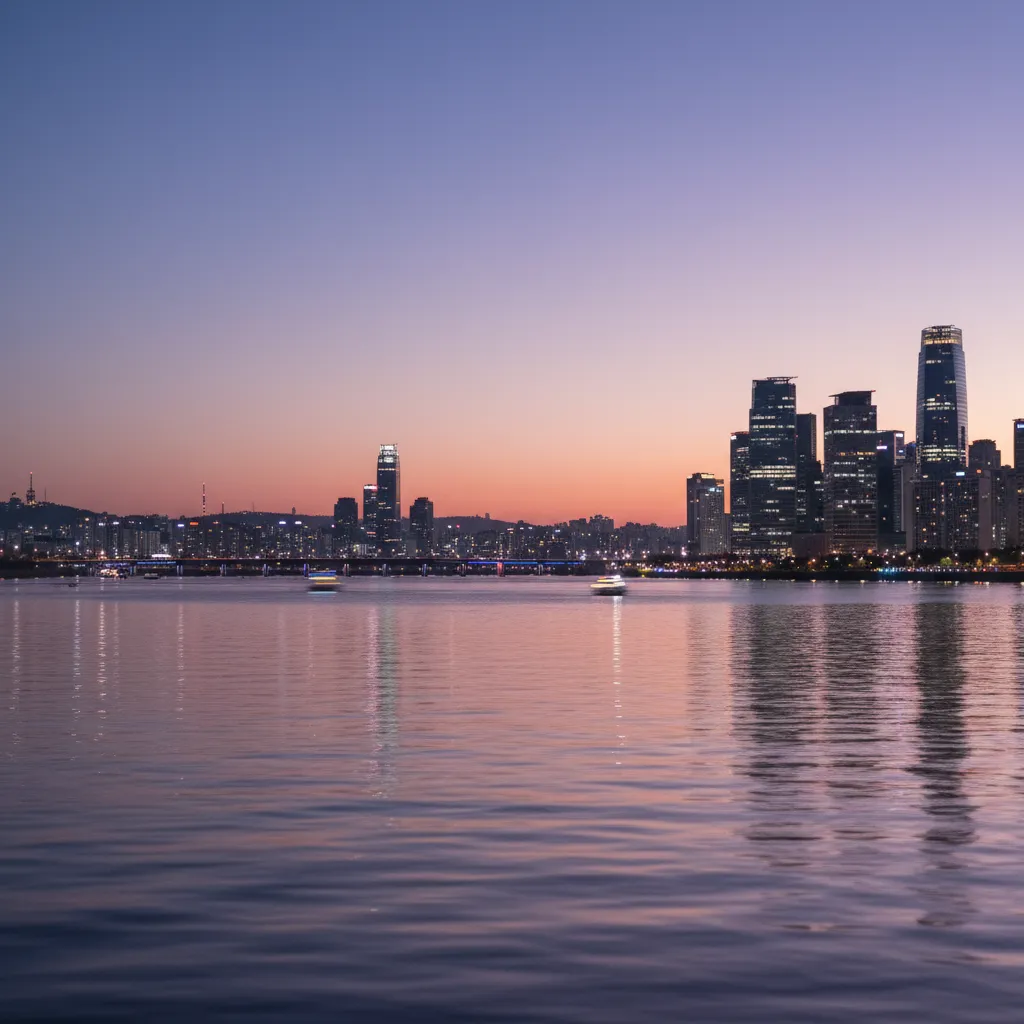 Calm night view of the Han River reflecting Seoul skyline, conveying a sense of transition and new beginnings.