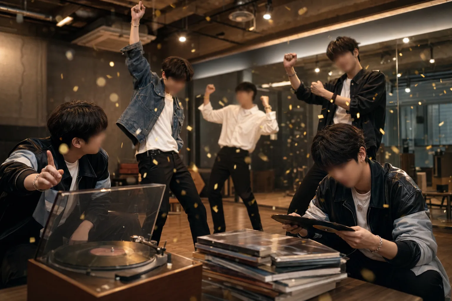 A faceless K-pop group celebration in a Seoul rehearsal studio, representing TOMORROW X TOGETHER’s continued Oricon success.