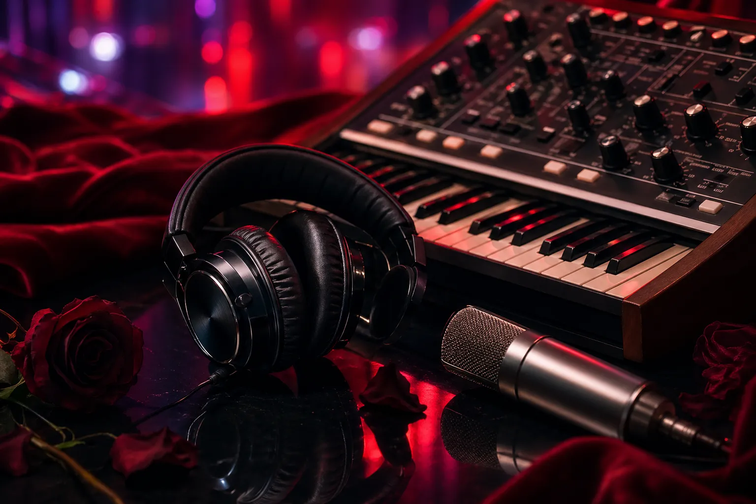 Studio headphones, microphone, and synthesizer with crimson gothic accents suggesting a Dracula-themed K-pop remix.