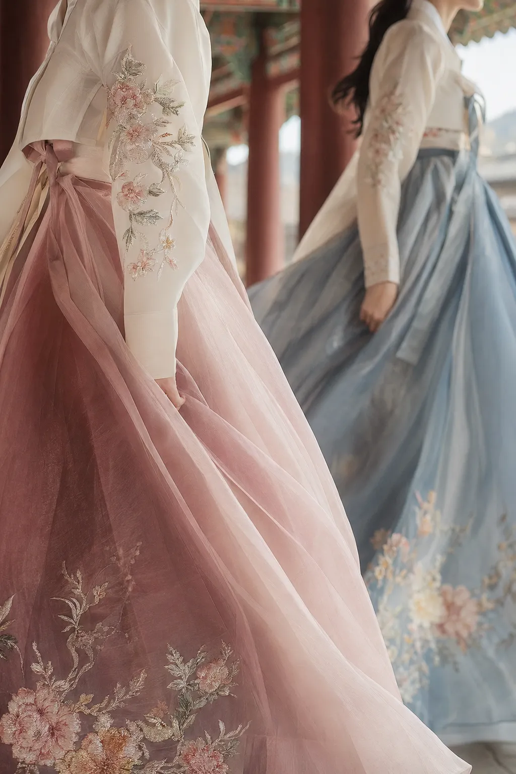 Detailed hanbok fashion and modern Korean styling photographed at Gyeongbokgung during a spring palace festival.