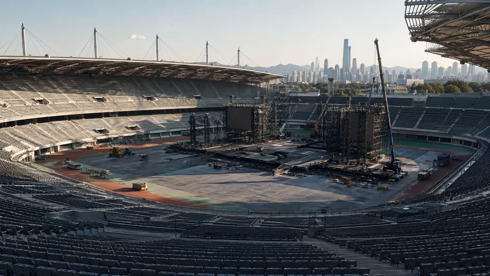 An empty South Korean stadium being prepared for a large concert, highlighting the shortage of suitable venues.