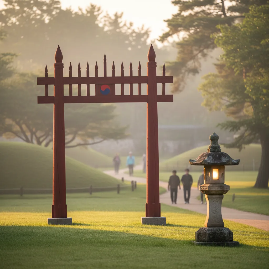 Tranquil morning at Joseon royal tomb gate with mist and lantern, conveying the peaceful yet popular atmosphere
