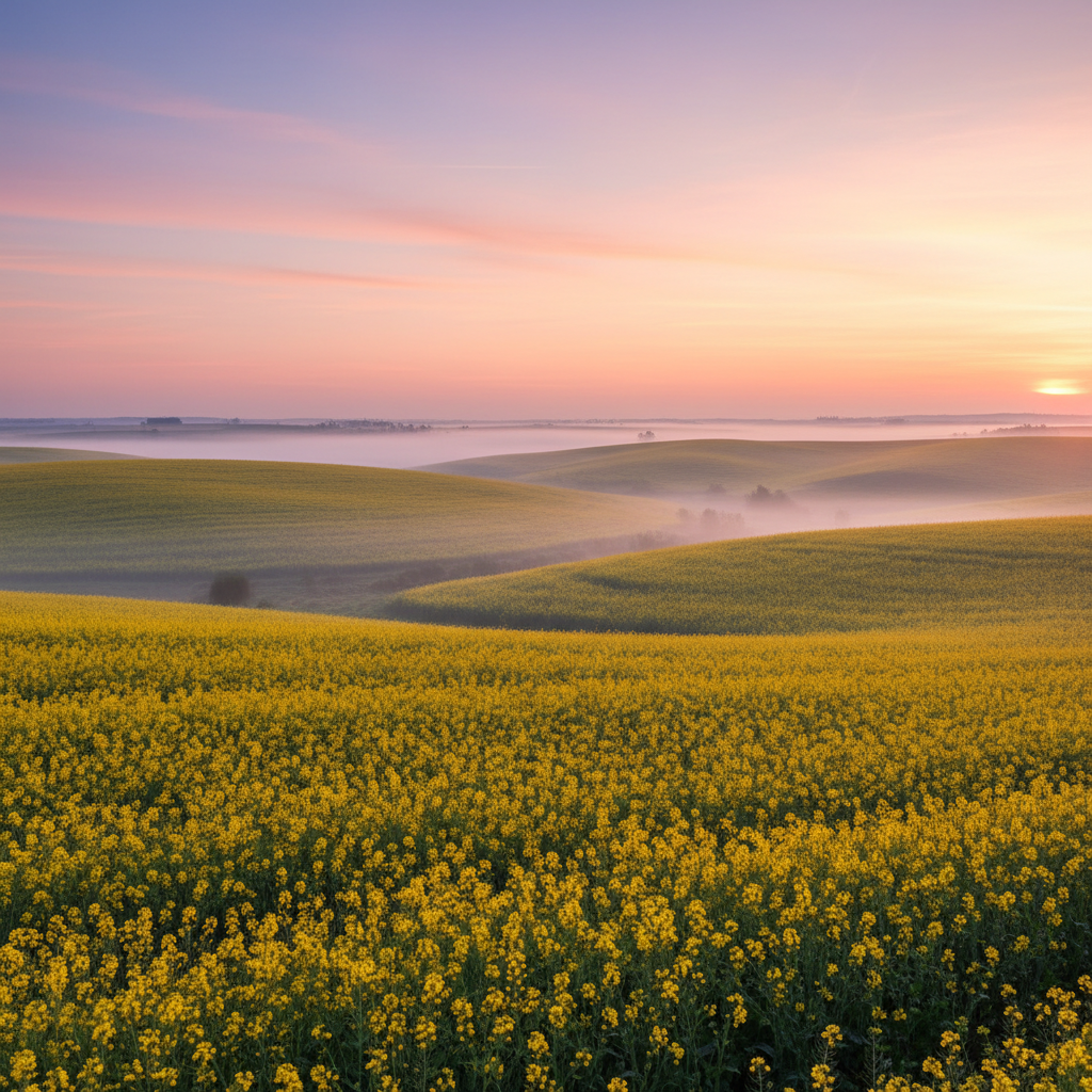Peaceful canola landscape at sunrise, Jeju Island 2026
