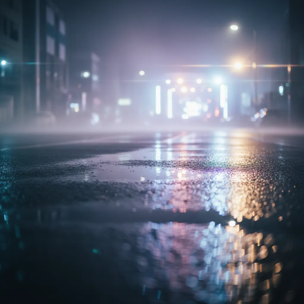 Rain‑slick Seoul street with neon reflections and subtle light flares, evoking the global showcase atmosphere