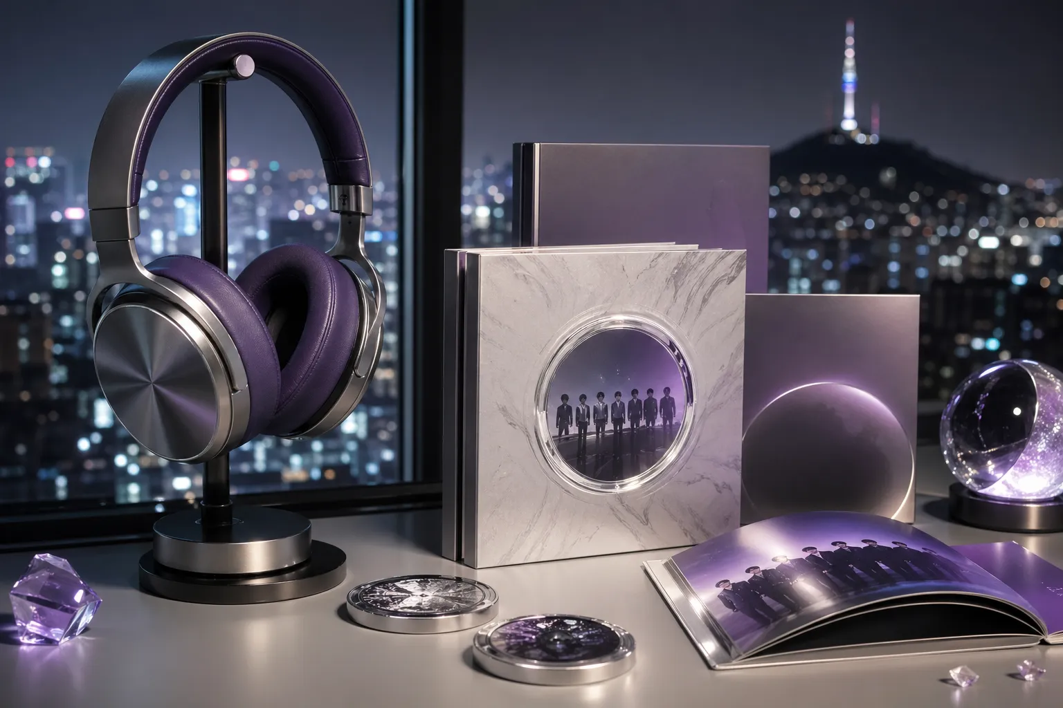 Minimal K-pop album and headphones still life with blurred Seoul lights, suggesting continued global chart success.