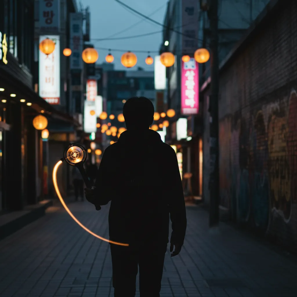 Silhouette of a fan with glowing light stick on a Hongdae street at dusk
