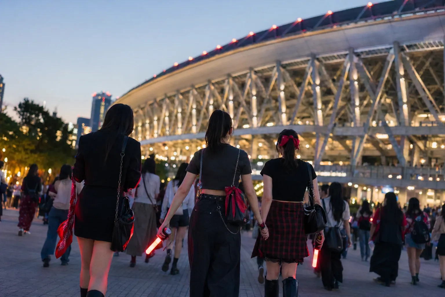 Fans with red concert lights gather near a stadium before a K-pop anniversary event.
