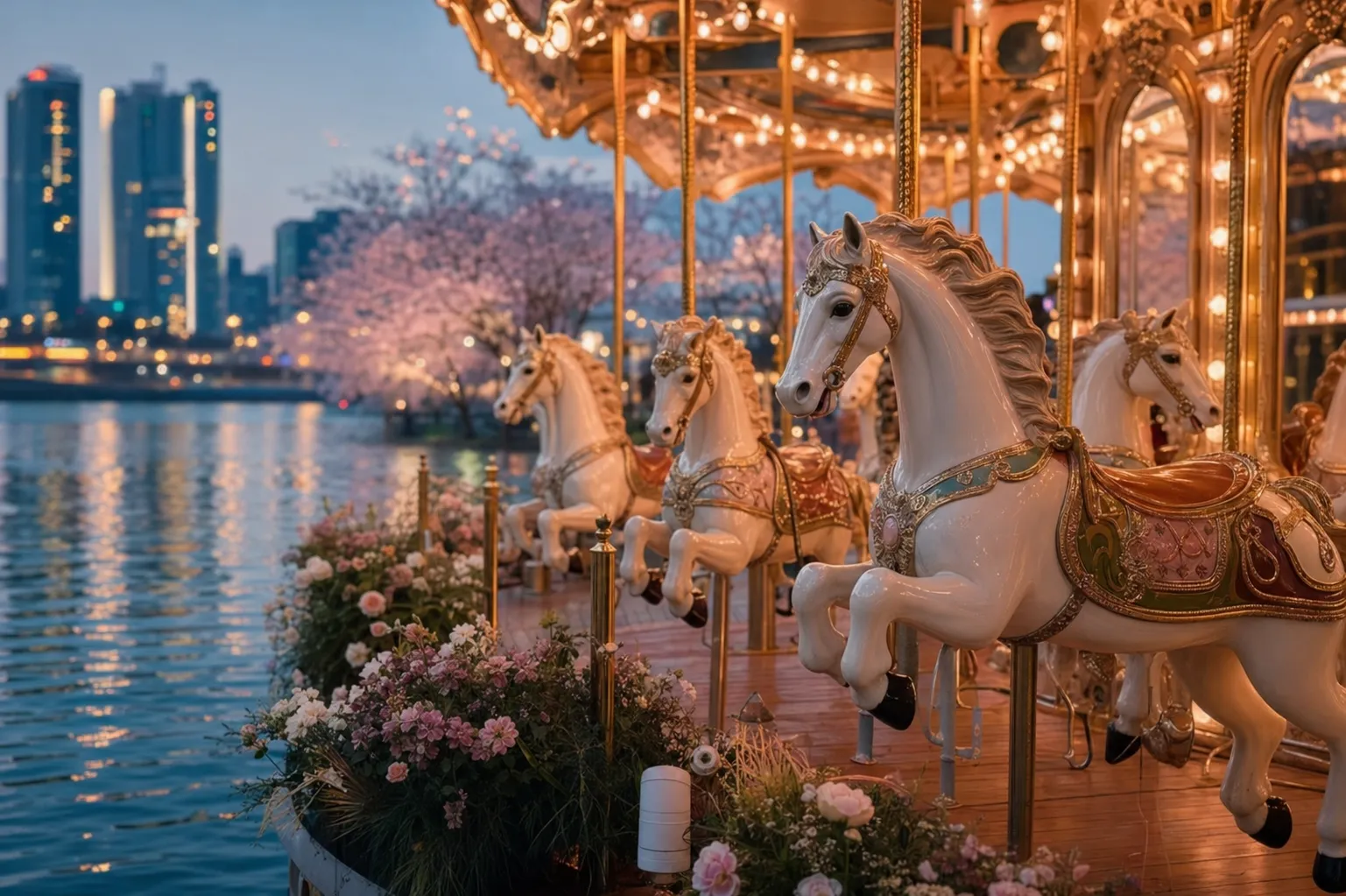 Close-up of carousel horses on a floating platform above the Han River in spring.