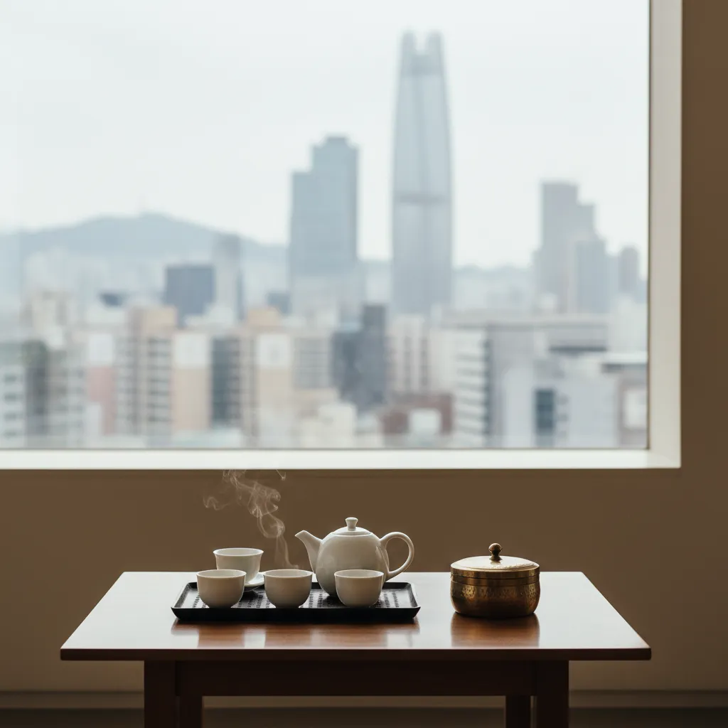 Korean tea set beside Indian spice box on a table in a Seoul cafe, representing cultural exchange.