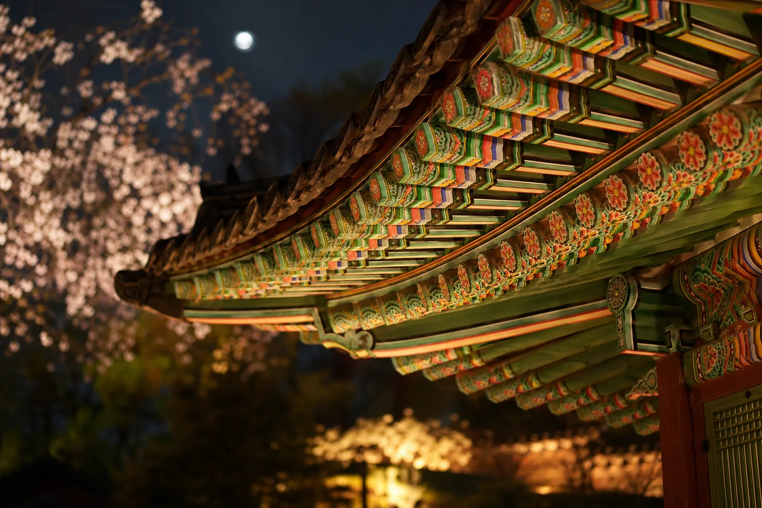 Close-up of illuminated traditional Korean palace eaves at Changdeokgung on a spring night.