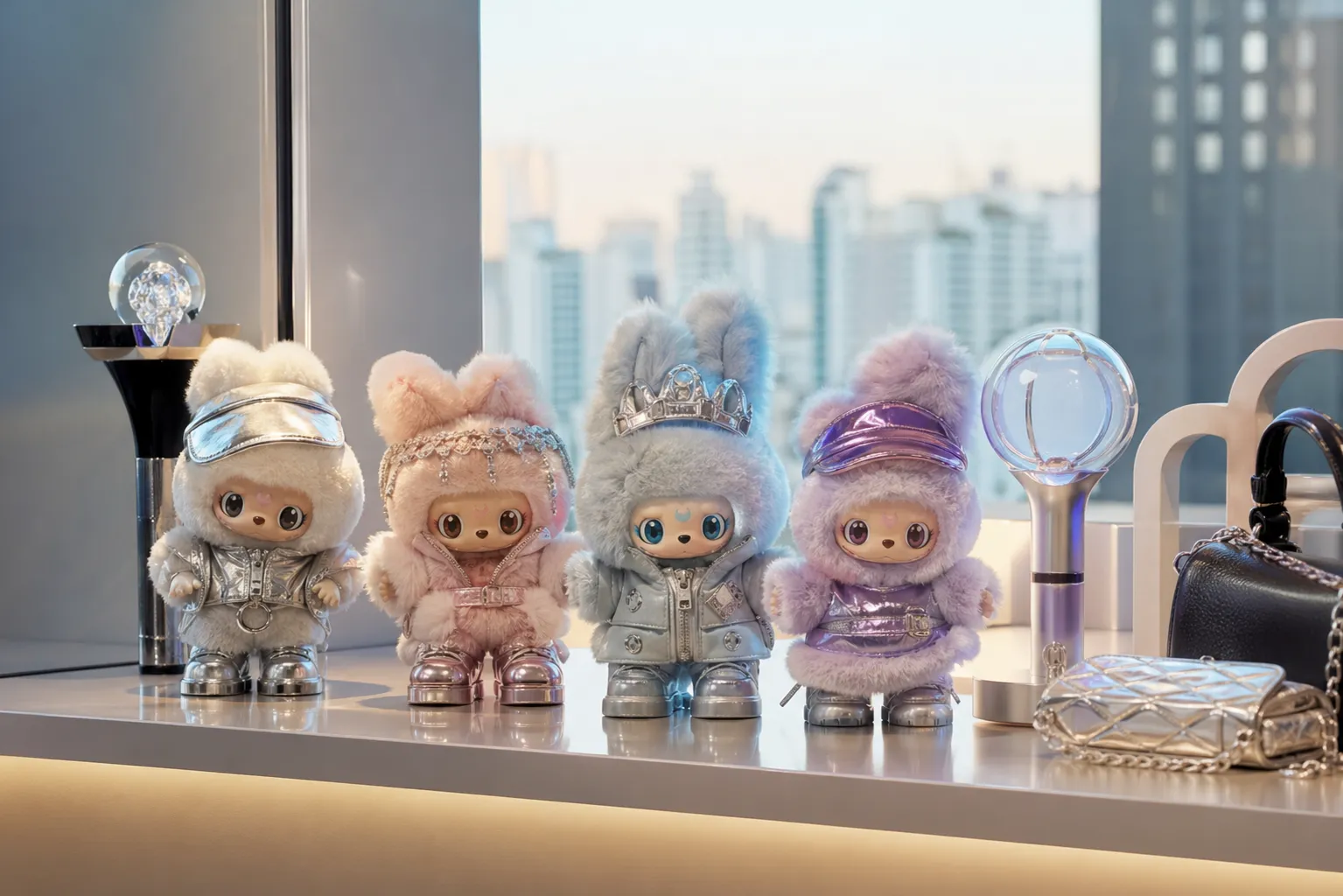 A curated shelf of fluffy futuristic K-pop themed designer collectibles.