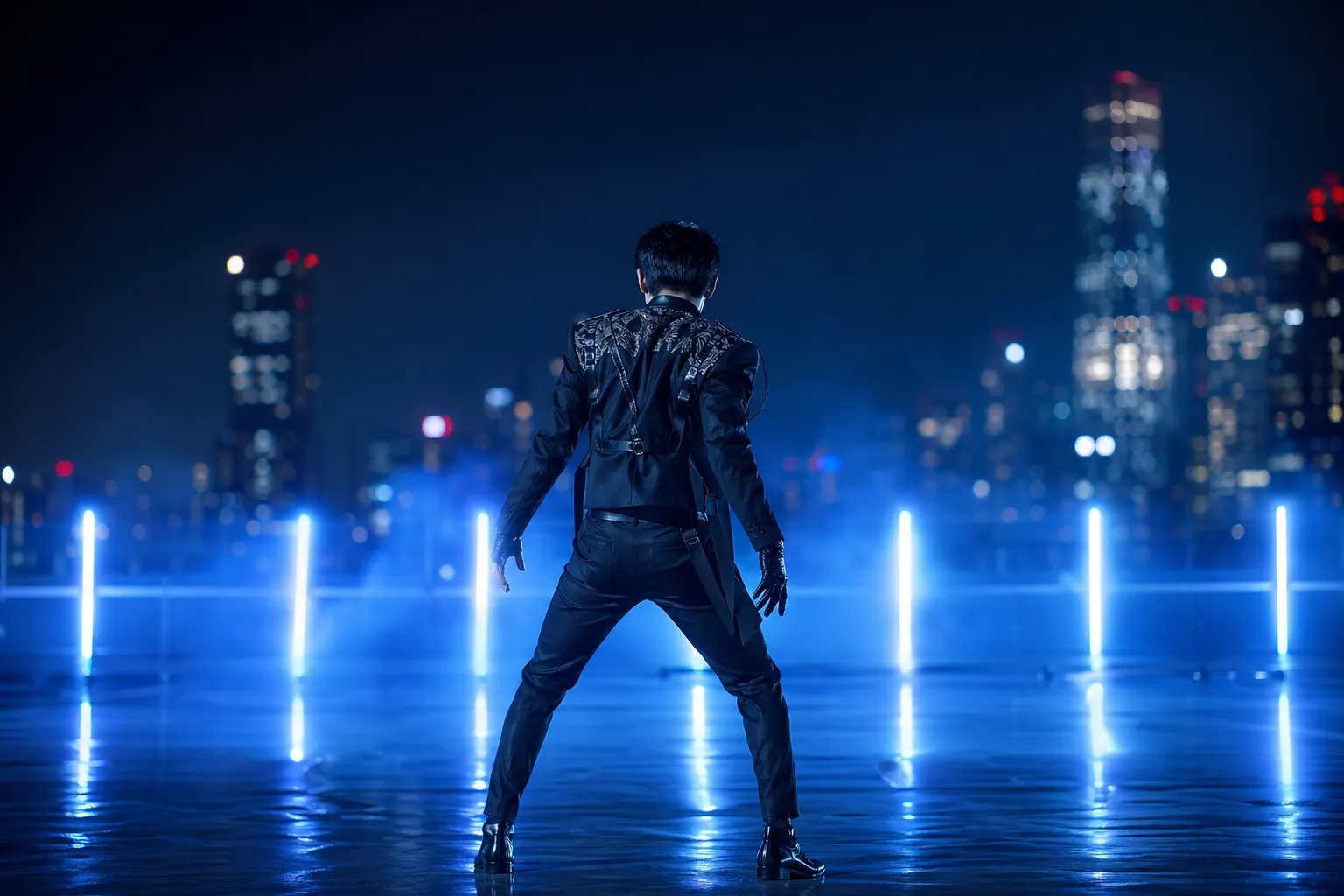 Faceless performer on a cinematic Seoul rooftop stage evoking a solo K-pop comeback teaser