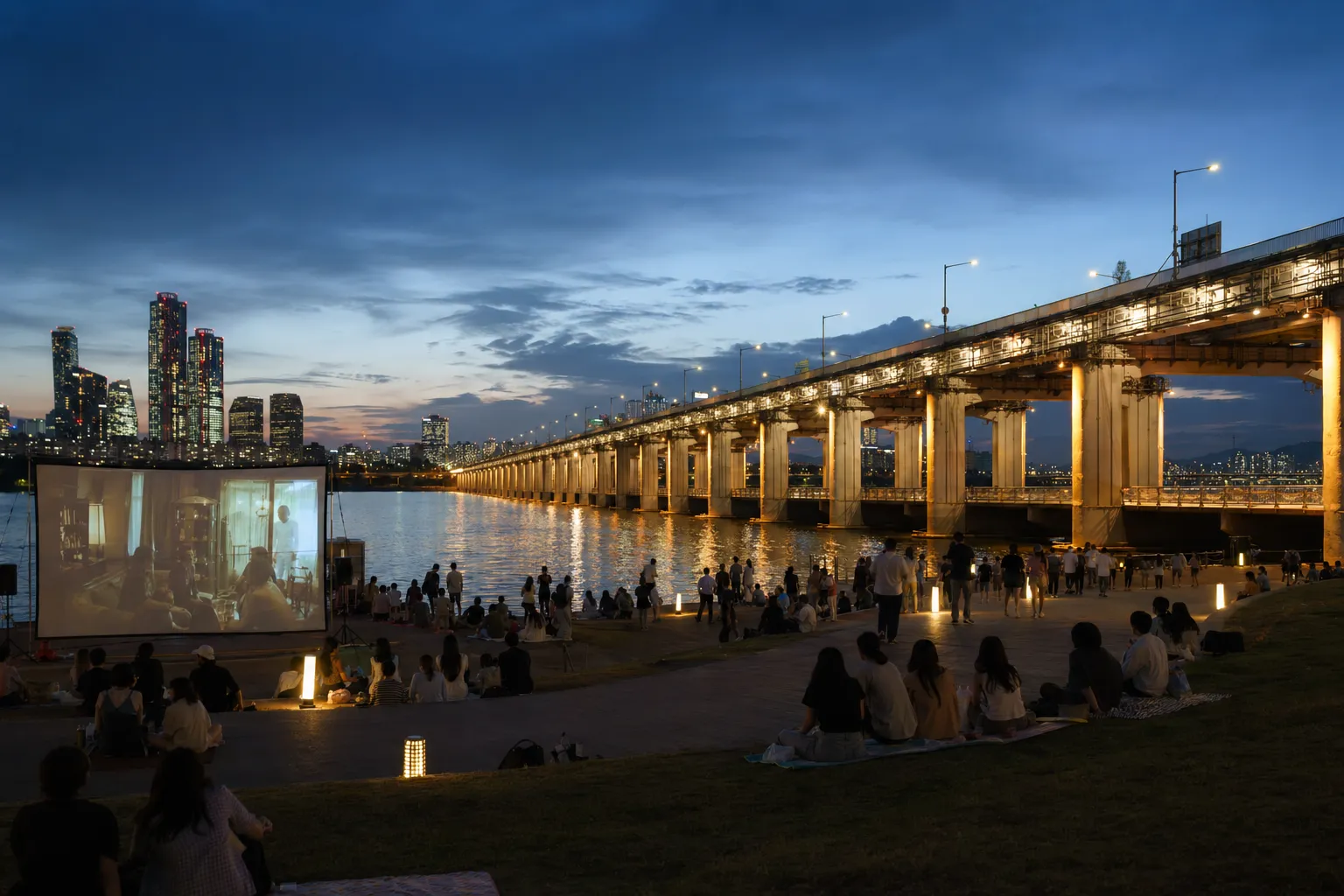 Evening riverside festival near Jamsu Bridge with silhouettes watching an outdoor film by the Han River.