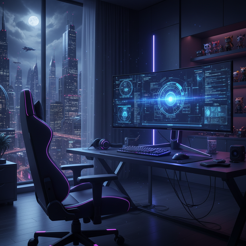 Supporting image of an empty gaming setup in a futuristic room, conveying the mood of reflection on Faker's potential retirement