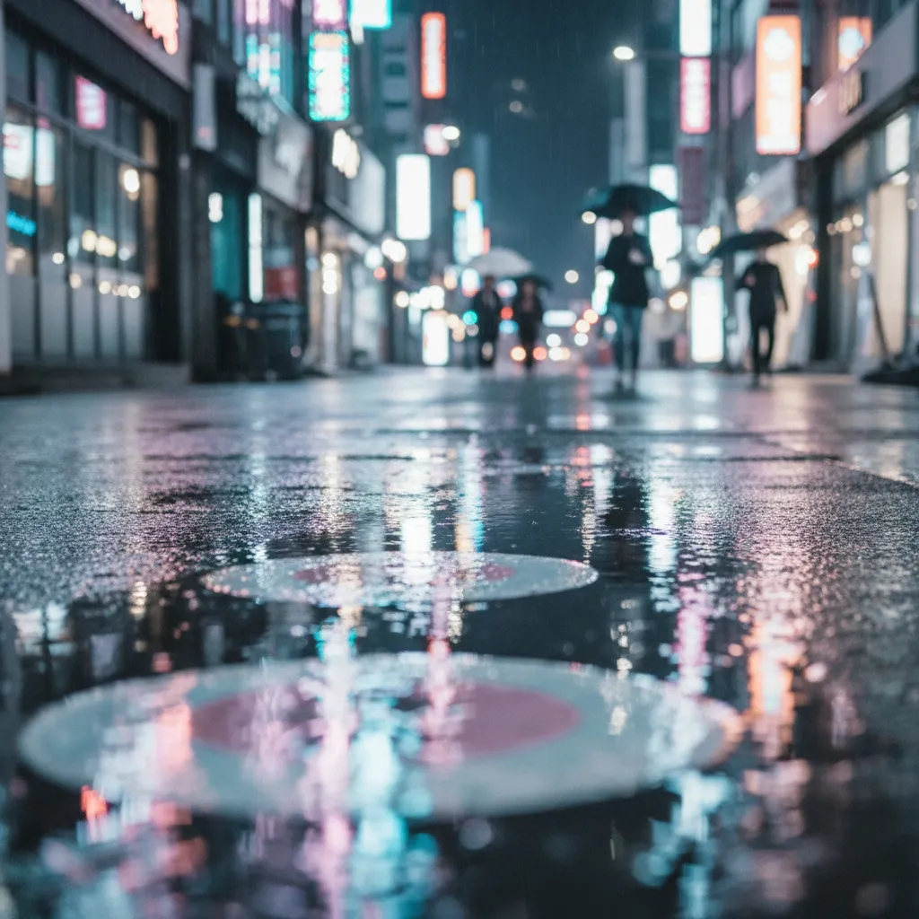 Seoul night street with neon reflections, evoking the mood of BTS's comeback