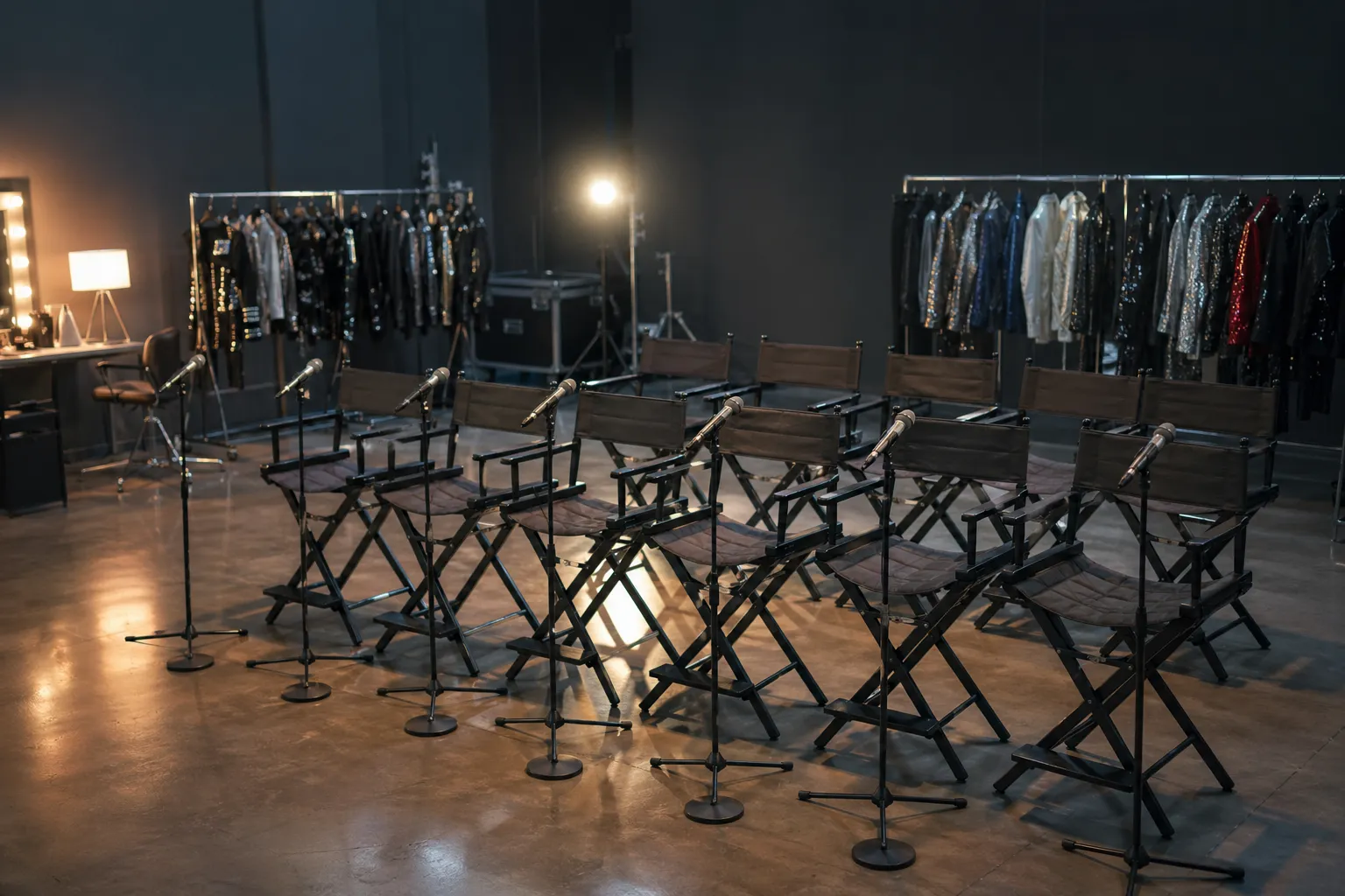 Backstage chairs and stage outfits wait in a Seoul studio before a K-pop reunion filming.