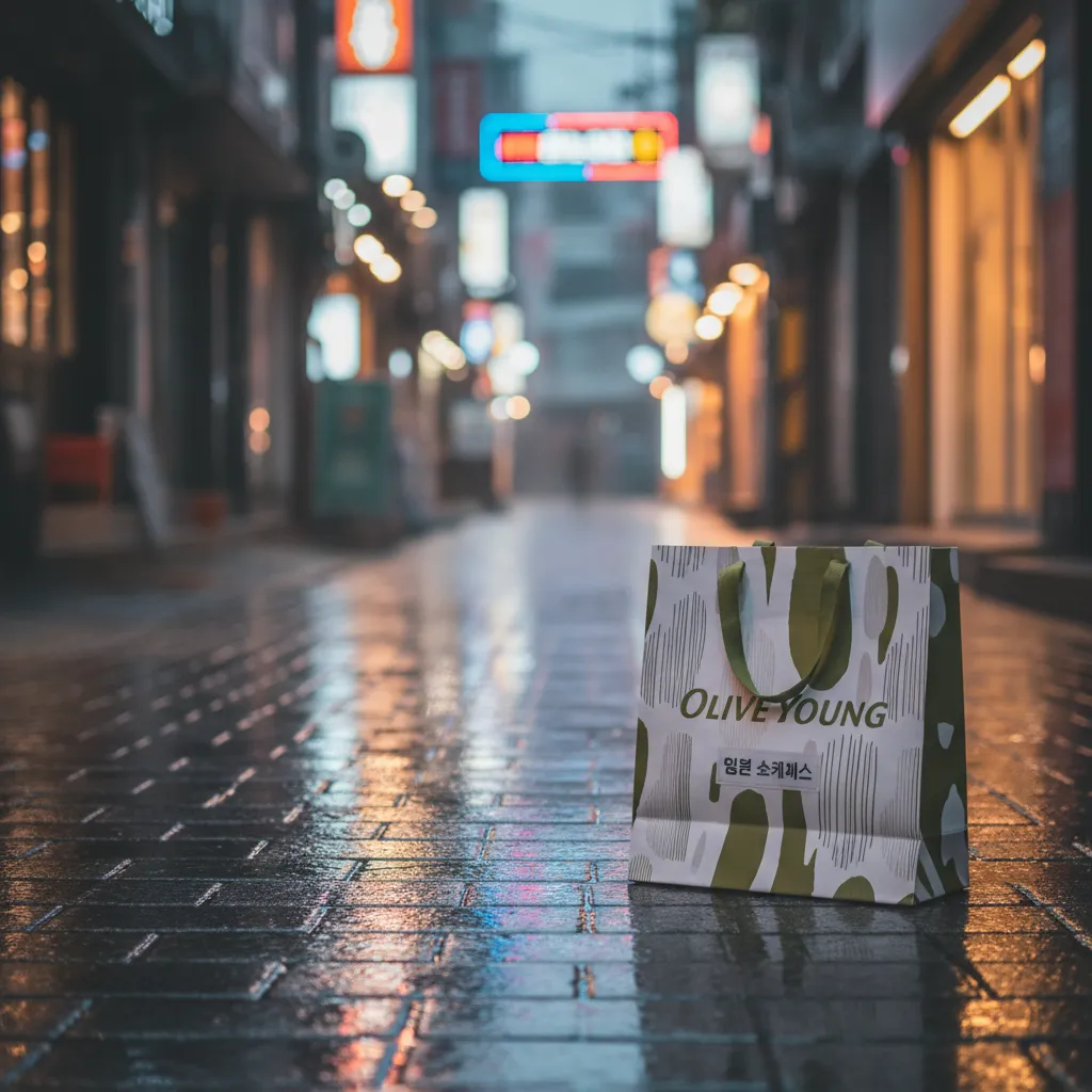 Seoul street vibe with Olive Young bag representing K-culture