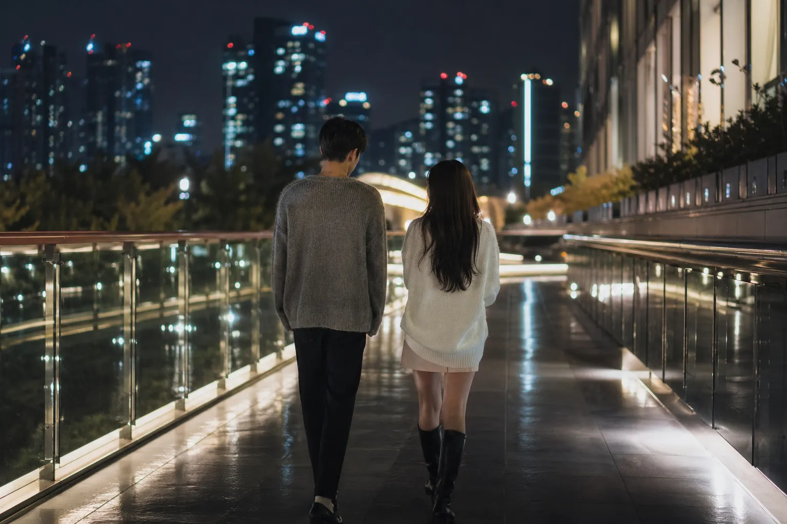Faceless romantic Seoul night scene with cinematic K-culture styling and soft city bokeh