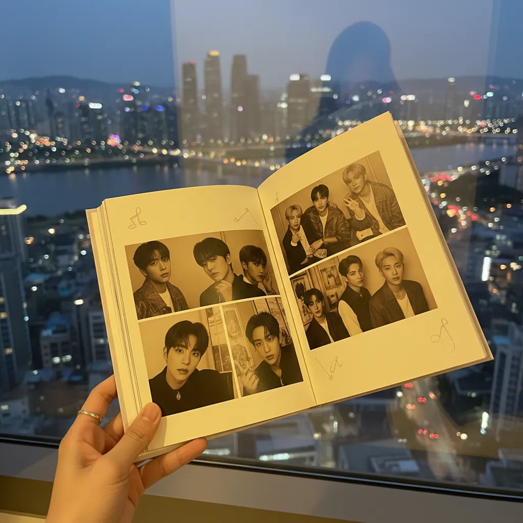 Hands holding NCT WISH album booklet against a soft city background, conveying fan connection