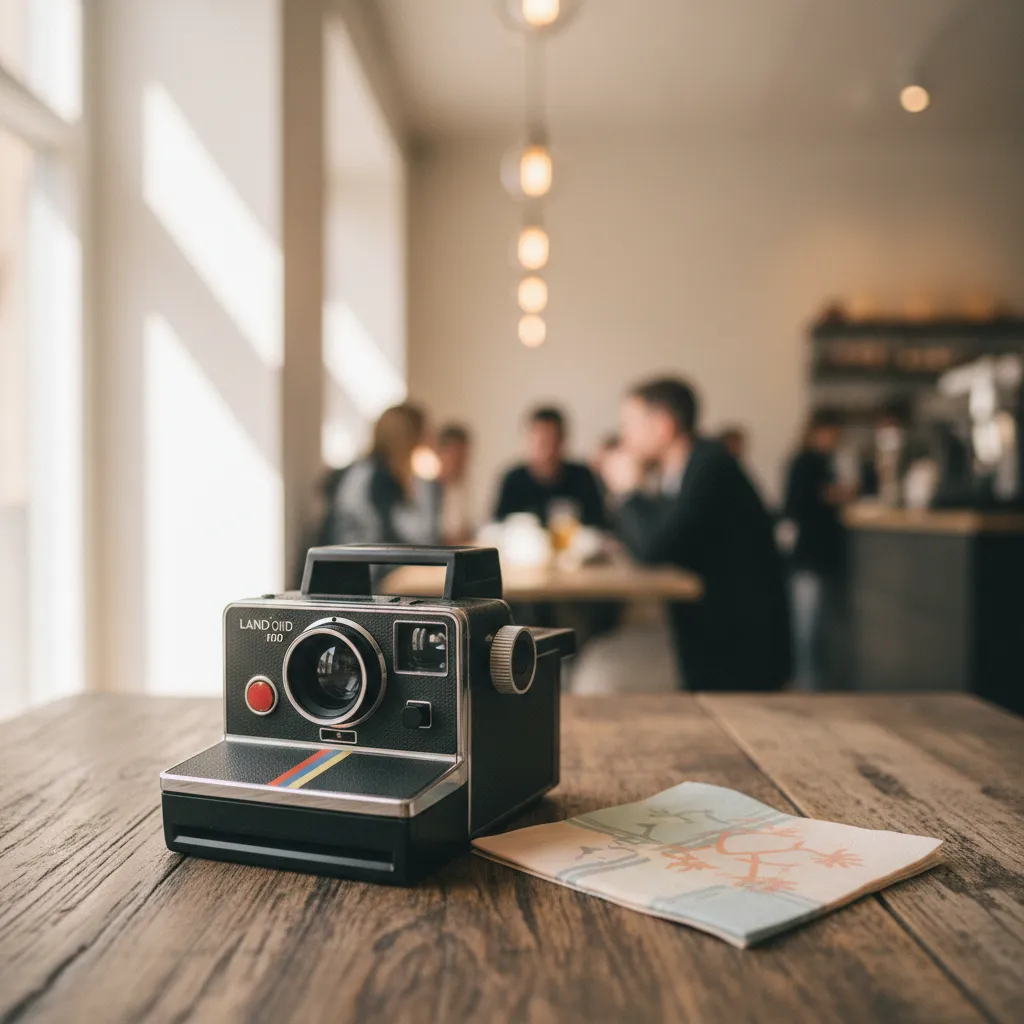 Vintage Polaroid camera on a café table with a pastel napkin, evoking nostalgia and K‑pop vibe