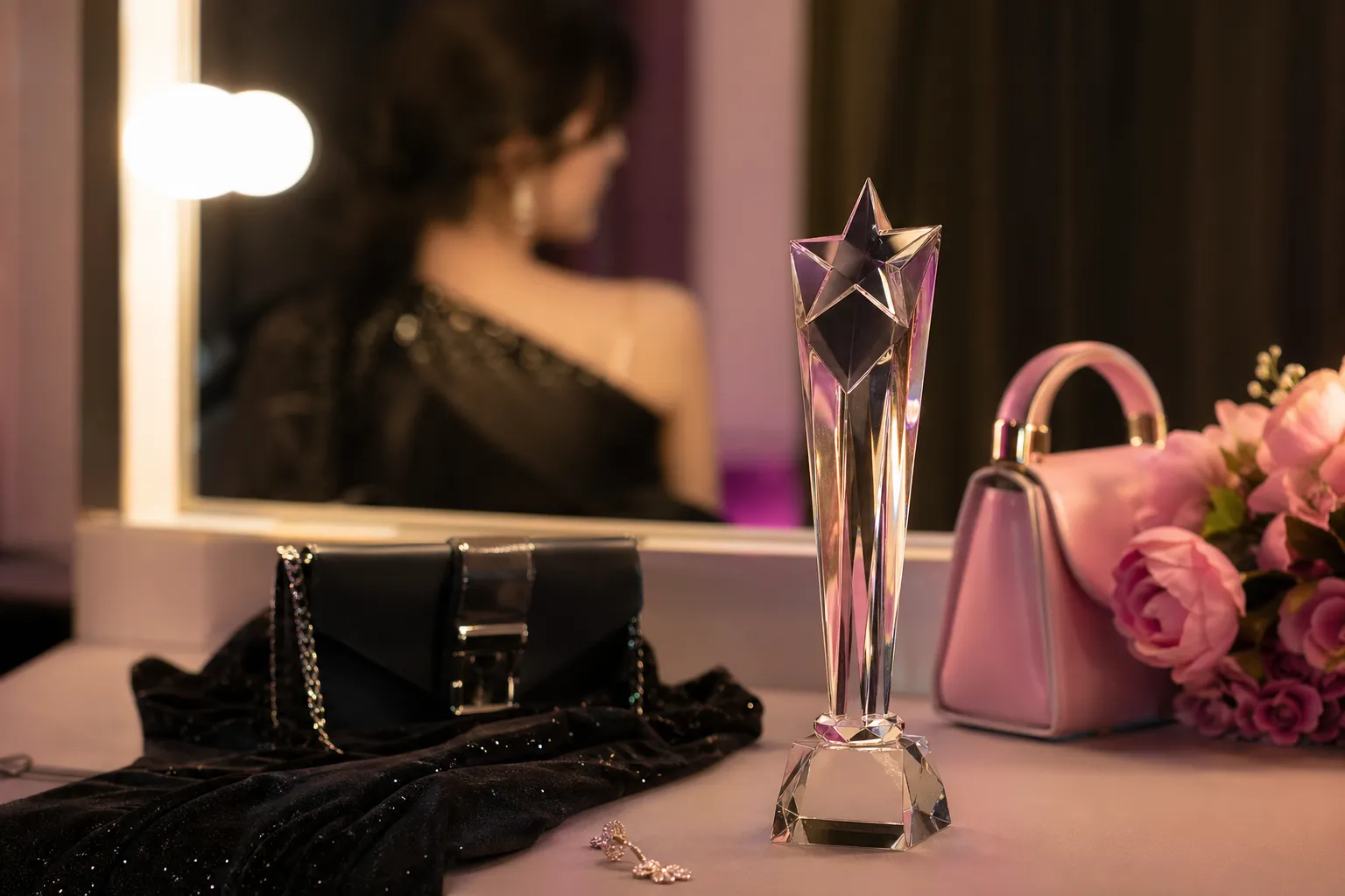 An award trophy and black-pink fashion accessories in a cinematic Seoul dressing room.