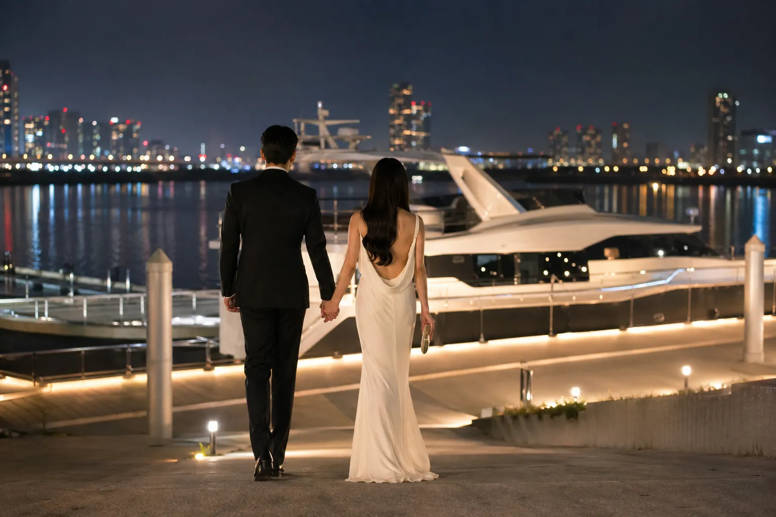 A refined Korean drama couple walking toward a yacht marina after a formal romantic event.