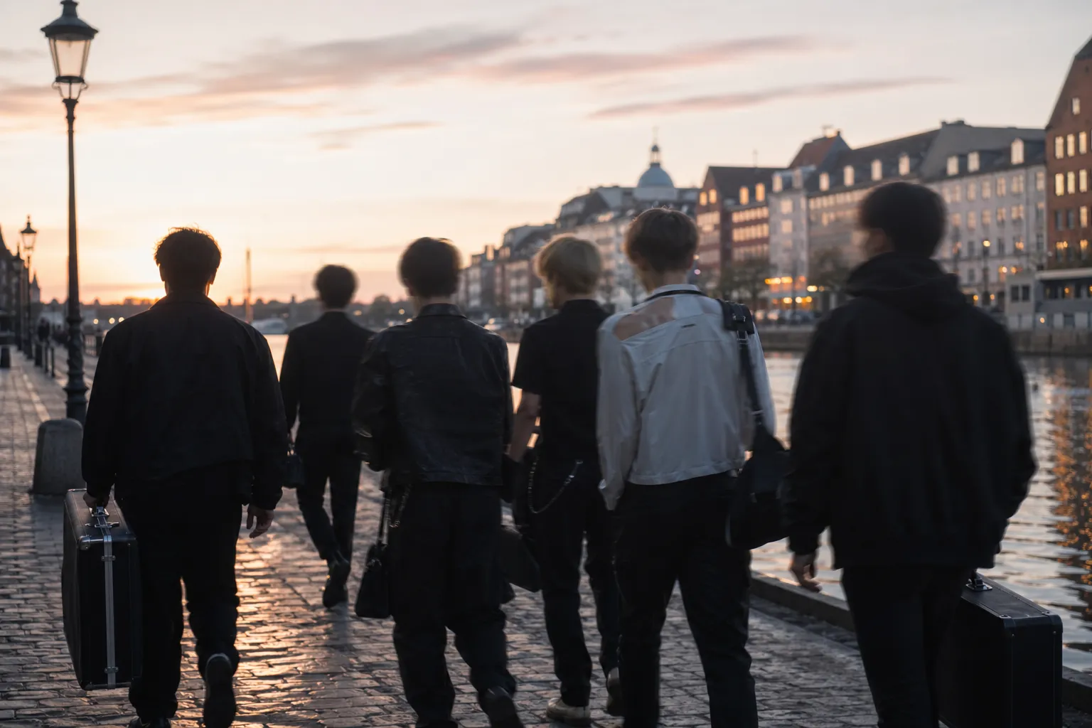 Anonymous K-pop artists and production staff walking through Copenhagen during comeback preparation