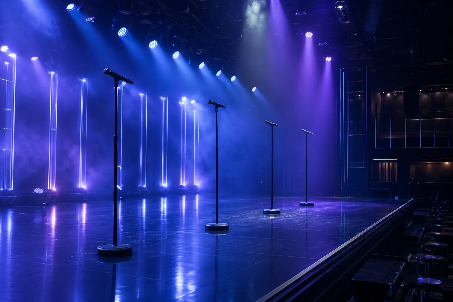 Empty cinematic Seoul K-pop showcase stage prepared for a rookie group comeback performance.