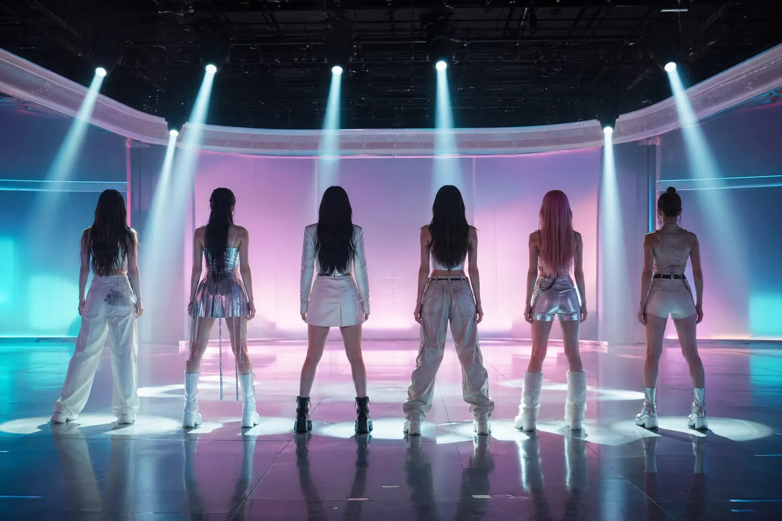 K-pop performers shown from behind on a Seoul rehearsal stage with six spotlights arranged in a loop.