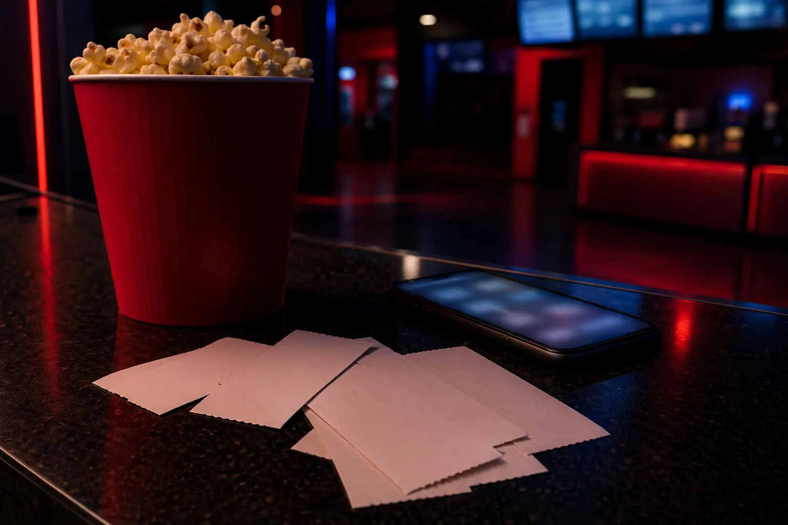 Blank movie tickets, a phone, and popcorn on a modern Seoul cinema counter under suspenseful cinematic lighting.