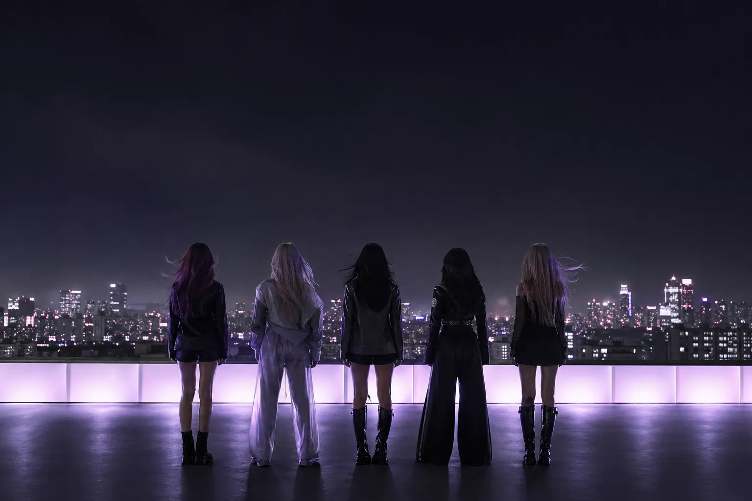 Anonymous K-pop group silhouettes on a Seoul rooftop with cinematic comeback teaser mood