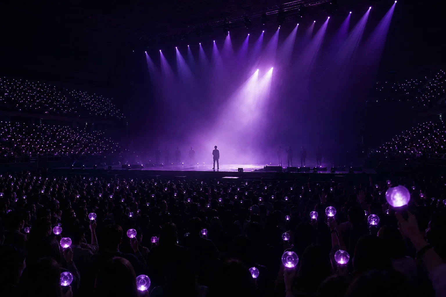 Arena crowd watching distant K-pop performers during a technical pause on stage