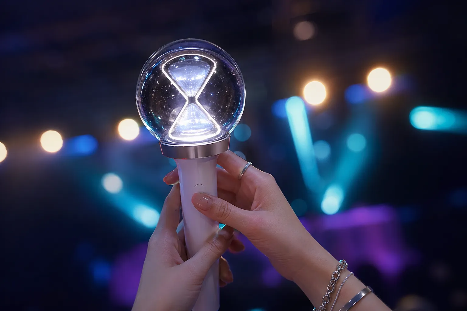 Close-up of hands holding a glowing LIGHTINY-style lightstick at a Seoul concert with bokeh lights.