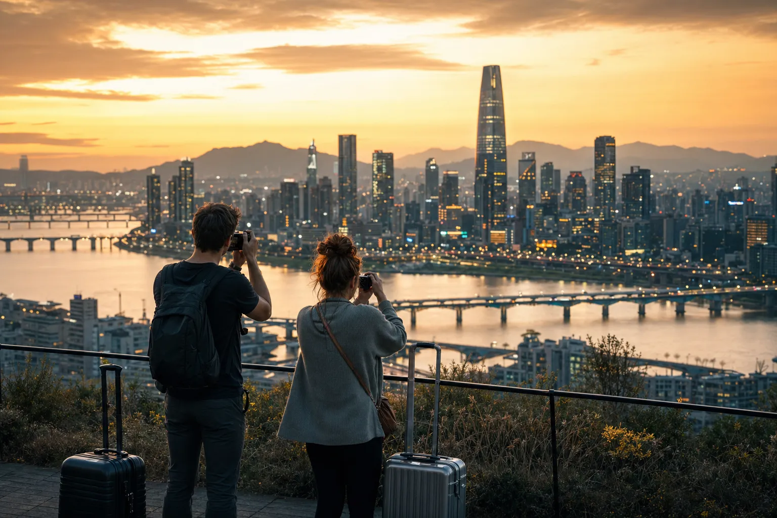 Tourists photograph the Seoul skyline as first-quarter arrivals reach a new high.