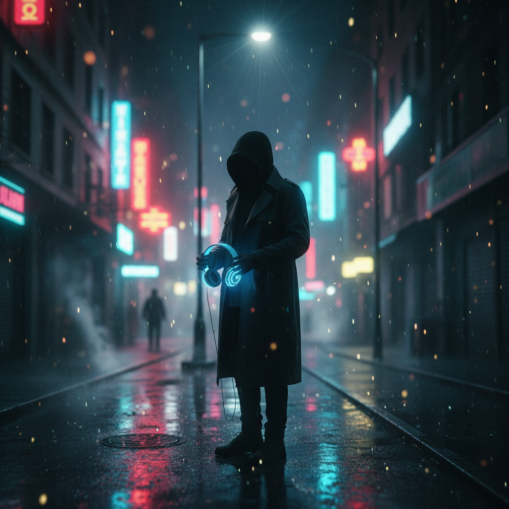 Supporting image of a faceless figure in a neon-lit rainy city street holding headphones, conveying a contemplative mood related to music fandom